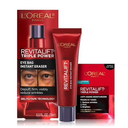 L'Oreal Paris front packaging showing compact 0.5 oz eye eraser for instant smoothing