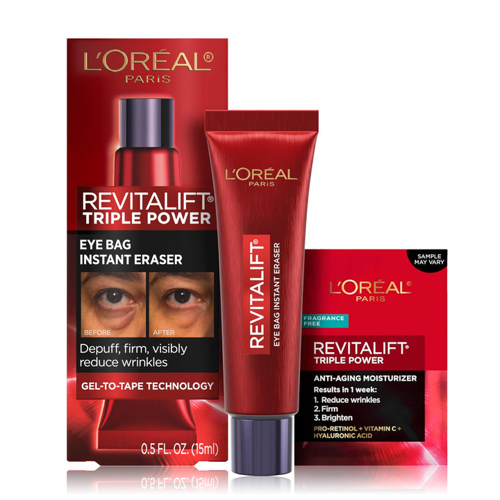 L'Oreal Paris front packaging showing compact 0.5 oz eye eraser for instant smoothing