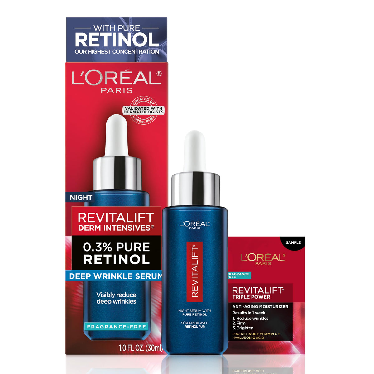 L'Oreal Paris front packaging showing serum bottle and label, clear benefits