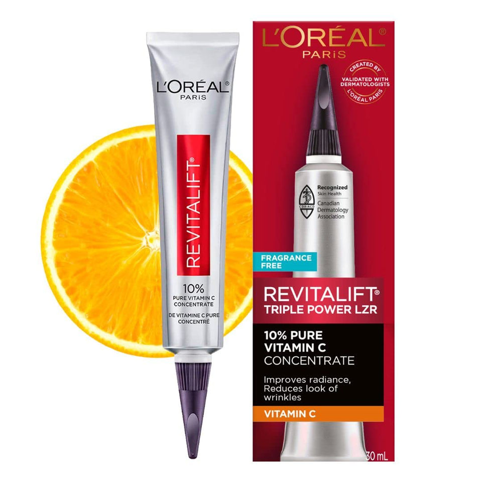L'Oreal Paris front packaging showing serum and benefit of radiance
