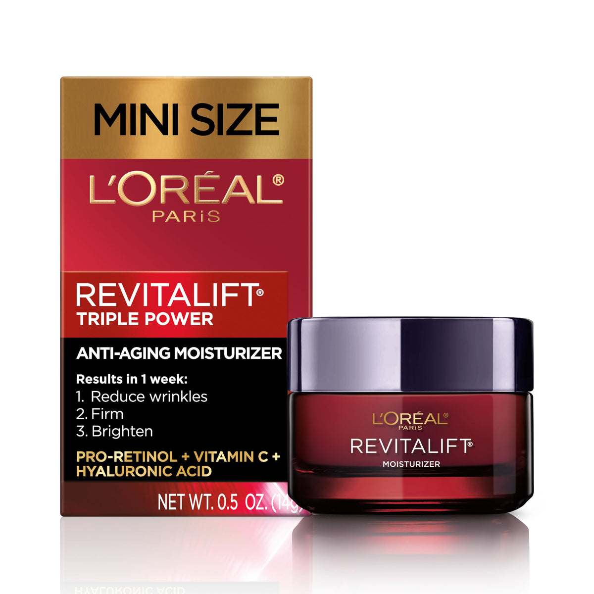 L'Oreal Paris Revitalift front packaging shows travel tube, convenient for trials