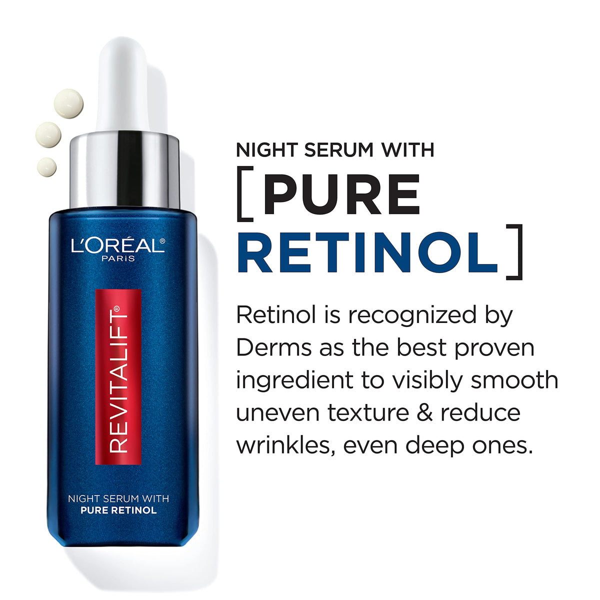 L'Oreal Paris serum applied in nighttime routine, easy-absorb benefit