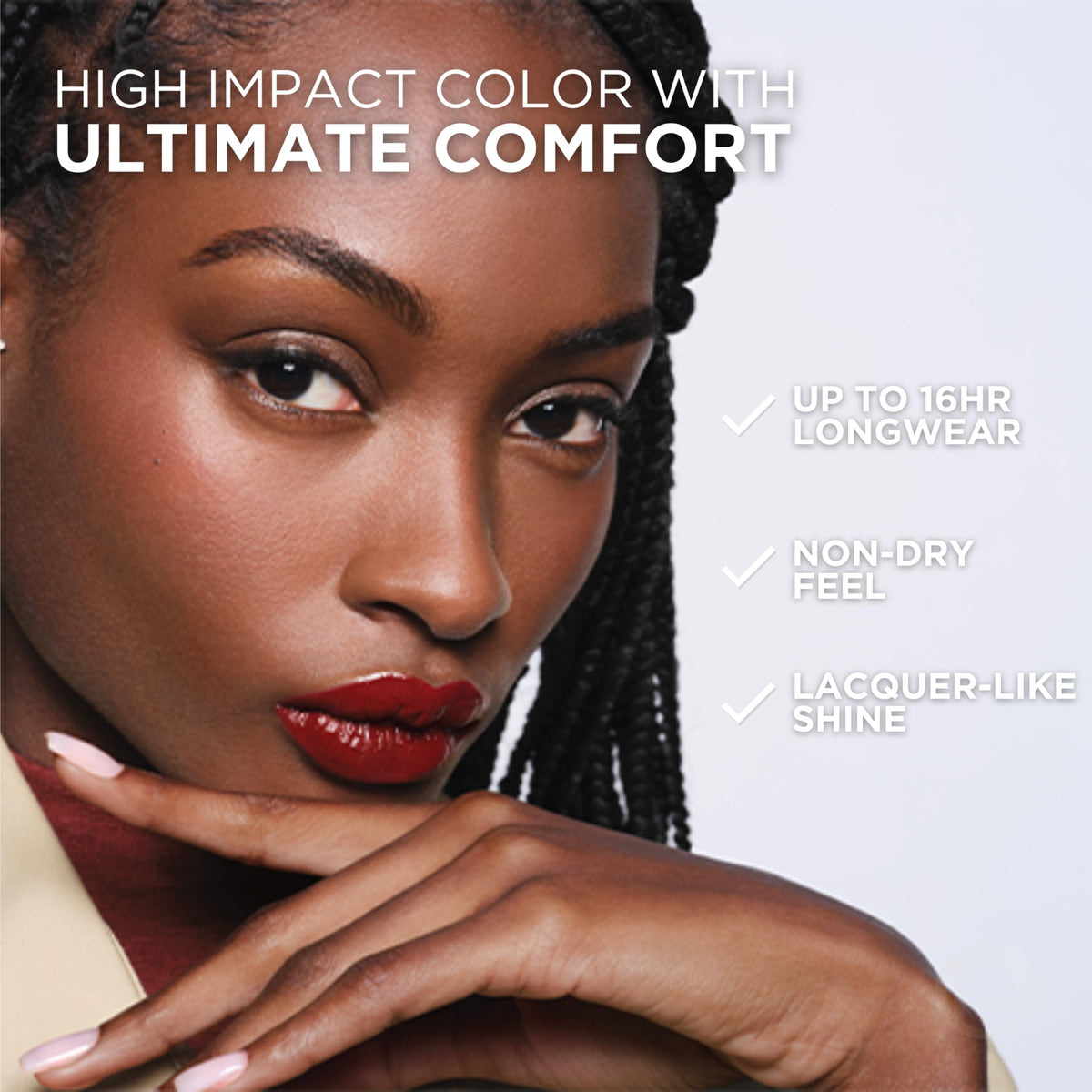 L'Oreal Paris lipstick held in hand to show size and portability for on-the-go touchups