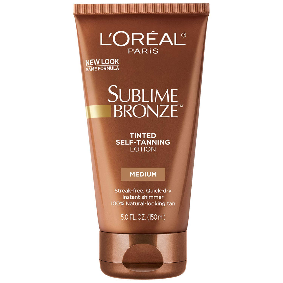 L'Oreal Paris bottle front view showing tinted self-tanning lotion benefit