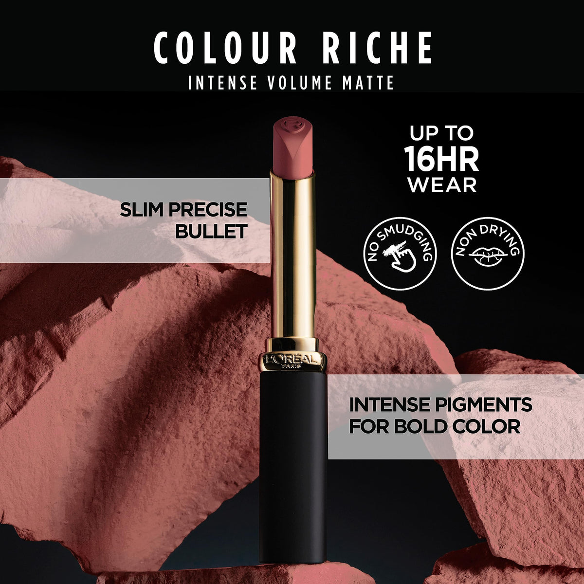 L'Oreal Paris swatch range on arm displaying 12 shades and strong pigment payoff