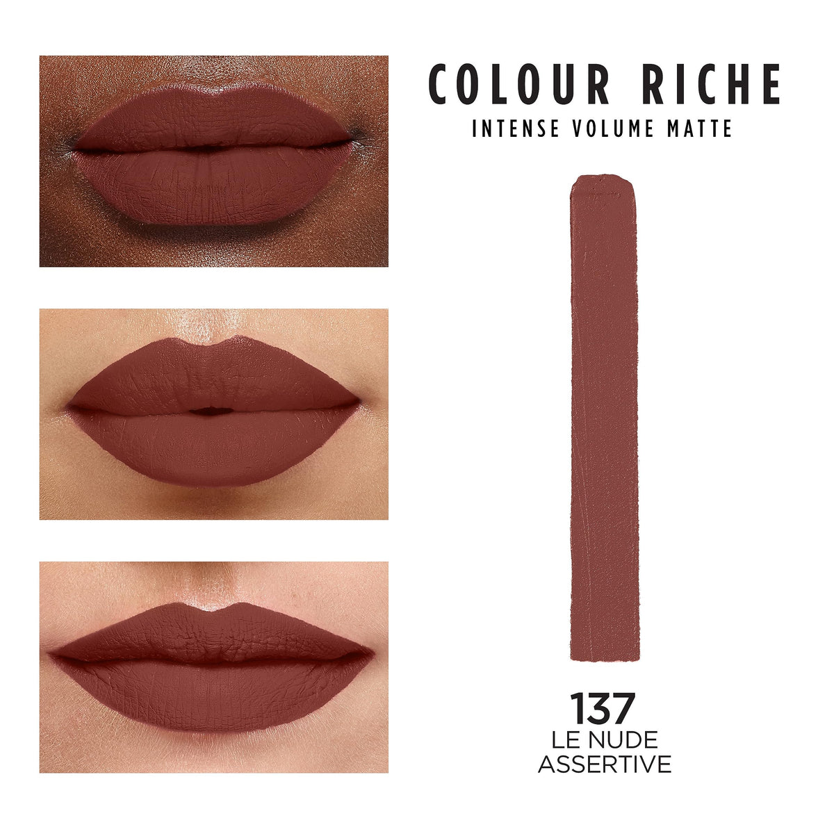 L'Oreal Paris texture swatch on skin showing matte pigment and smooth finish