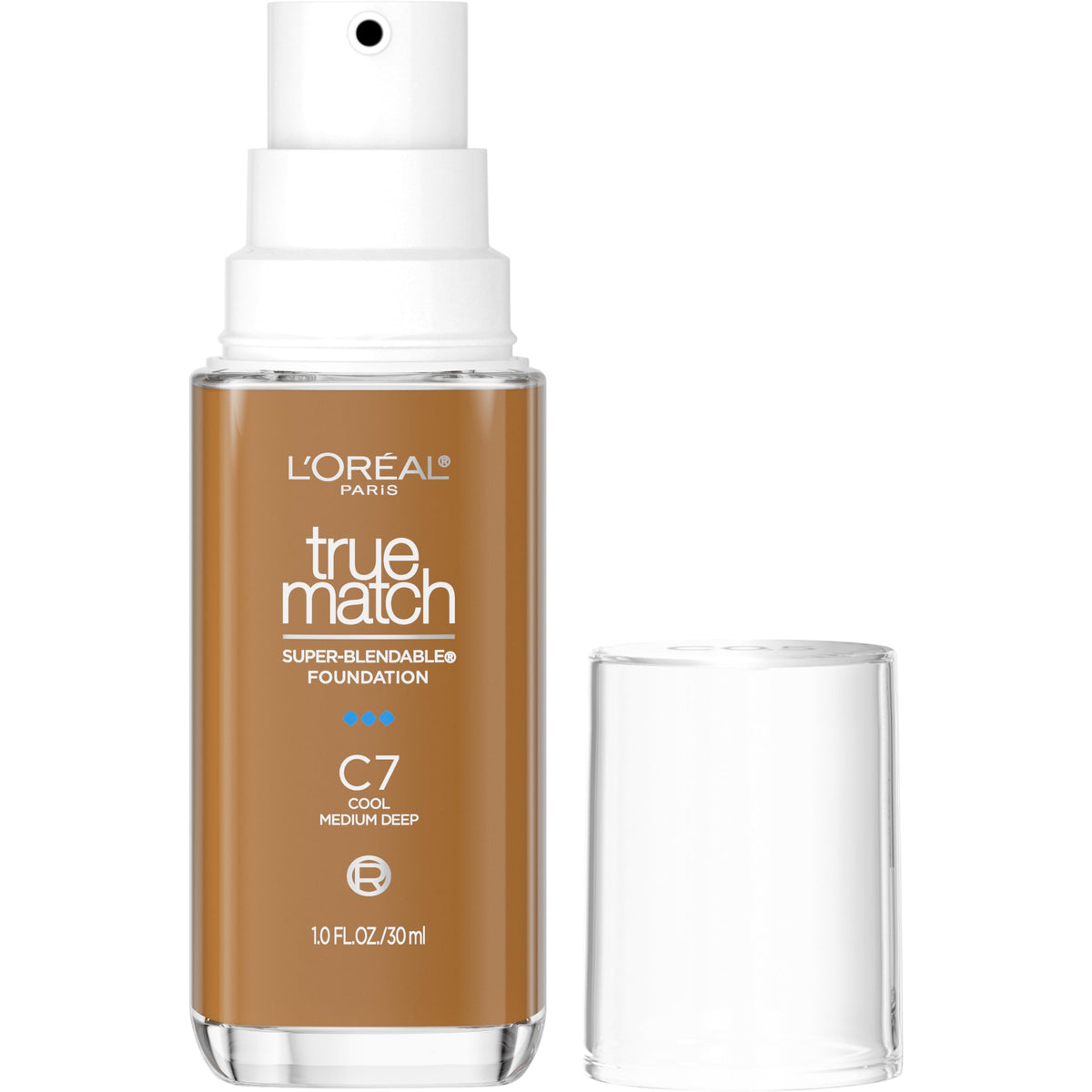 L'Oreal Paris front bottle showing shade C7 and pump for easy dosing
