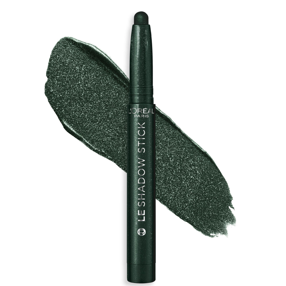 L'Oreal Paris Le Shadow Stick front view showing Twilight Emerald shade and packaging benefits