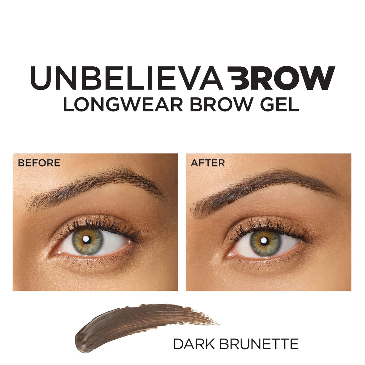 L'Oreal Paris before and after brows showing fuller, defined look benefit-transformative results