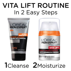 L'Oreal Paris Vitalift on bathroom shelf with razor indicating grooming routine benefit