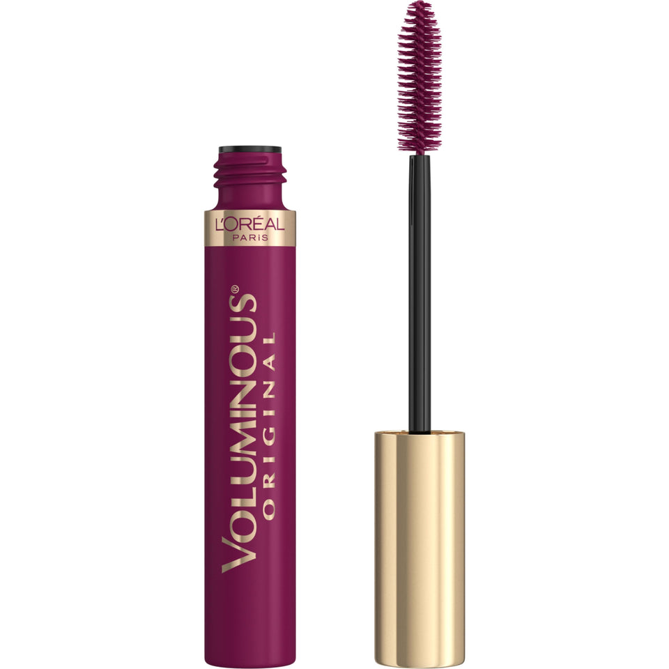 L'Oreal Paris mascara tube front view showing deep burgundy shade and compact size