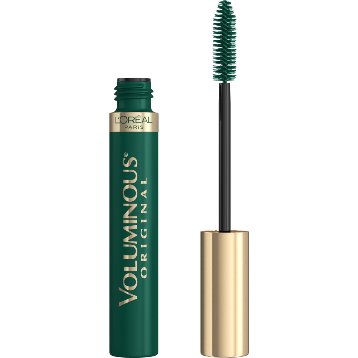 L'Oreal Paris front packaging showing deep green mascara and brand benefit