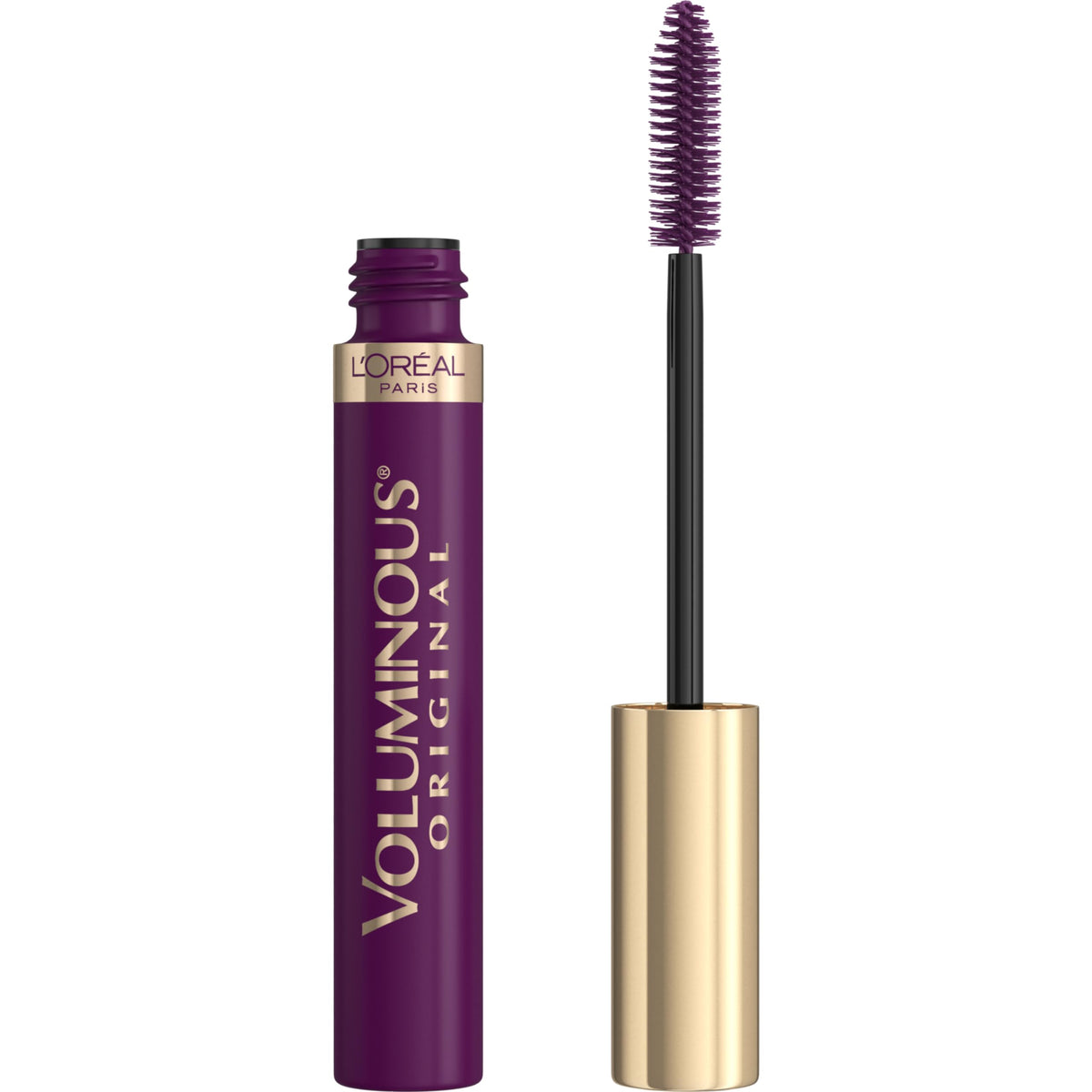 L'Oreal Paris mascara front packaging showing deep violet shade and volume benefits