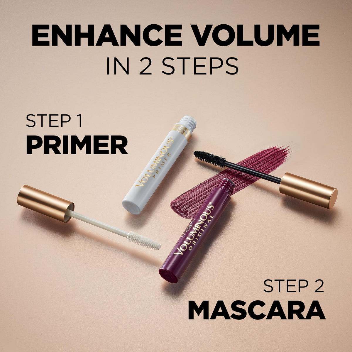L'Oreal Paris open mascara tube with wand illustrating easy application and coverage