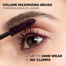 Model wearing L'Oreal Paris deep violet mascara to brighten eyes and add soft drama