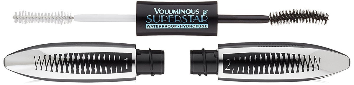 L'Oréal Paris front packaging showing dual-step waterproof mascara set and benefits