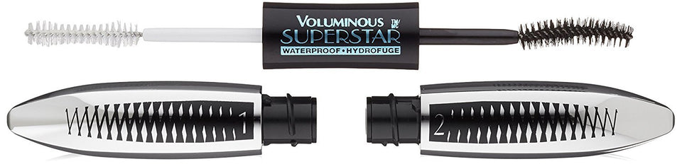 L'Oréal Paris front packaging showing dual-step waterproof mascara set and benefits