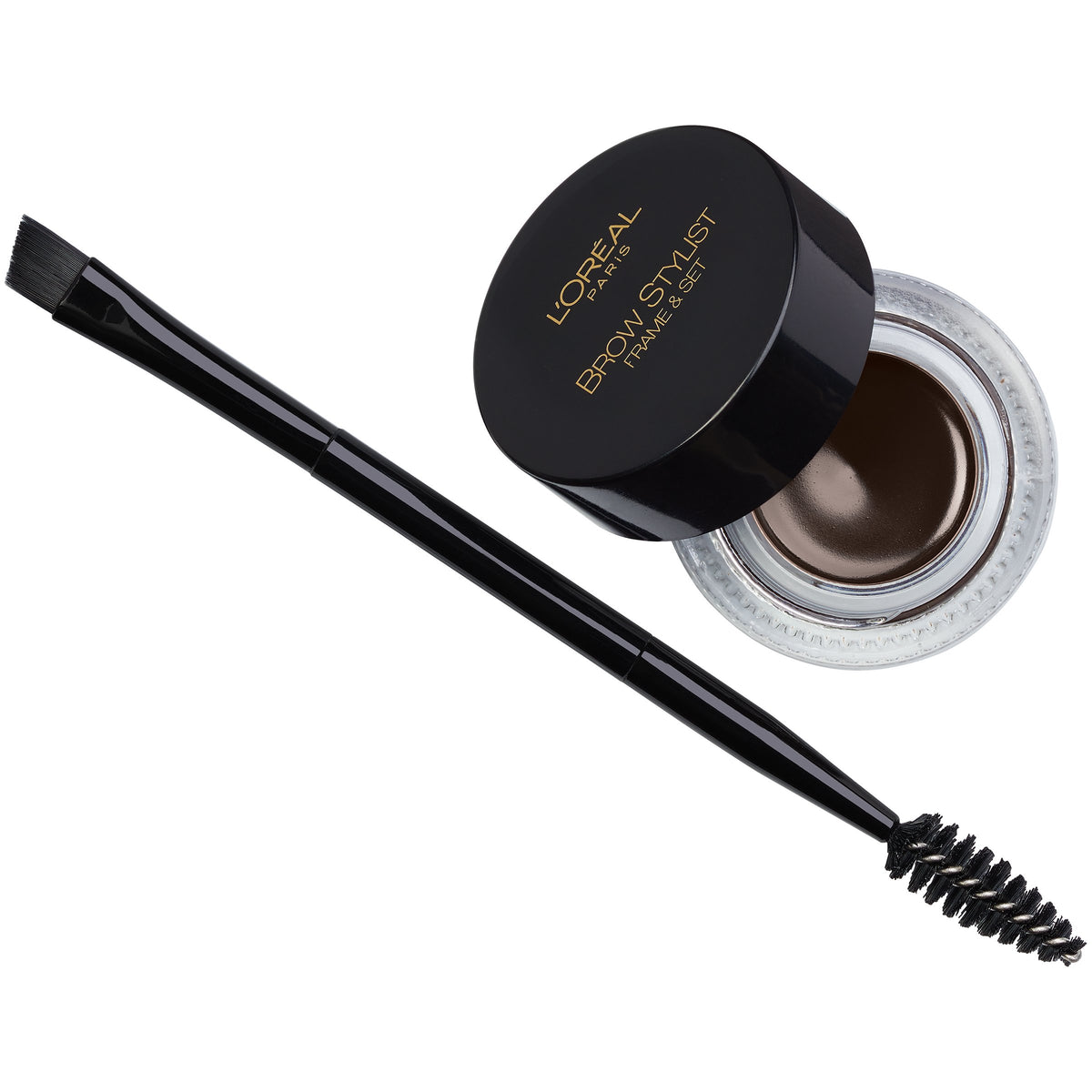 L'Oreal Paris product front showing Warm Brunette pomade and compact brush for precise shaping