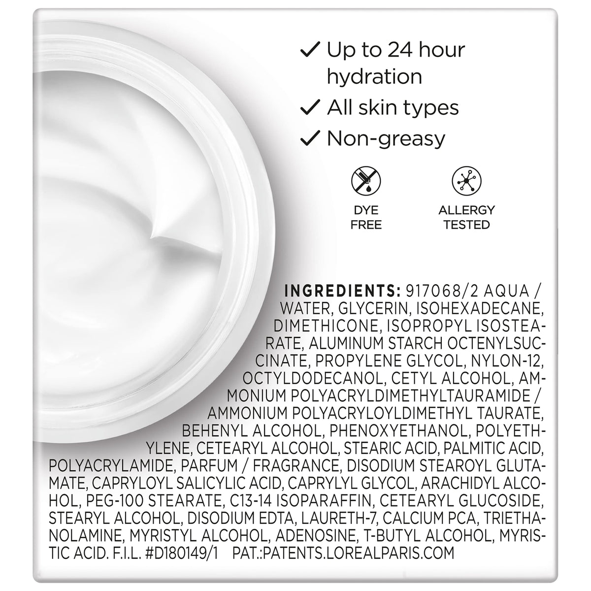 L'Oreal Paris open jar top view revealing smooth non-greasy cream