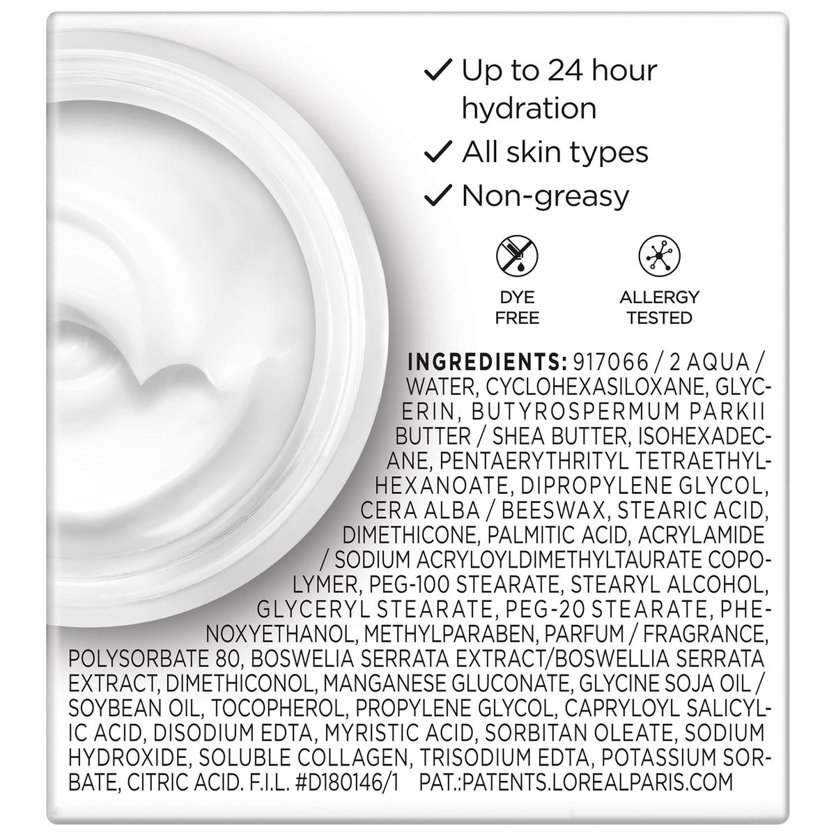 L'Oreal Paris cream on hand demonstrating lightweight application and hydration benefit