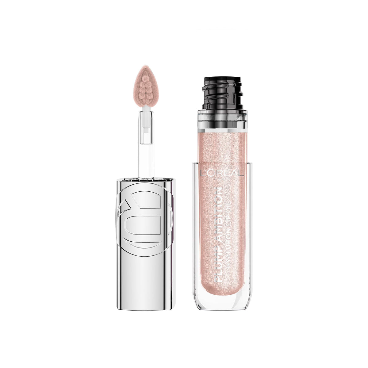 L'Oreal Paris front packaging of Plump Ambition lip oil showing shade and glossy finish benefit