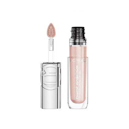 L'Oreal Paris front packaging of Plump Ambition lip oil showing shade and glossy finish benefit