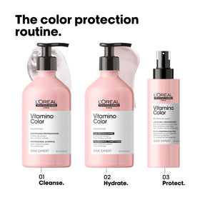 L'Oréal Professionnel bottle staged on bathroom shelf suggesting salon-quality routine