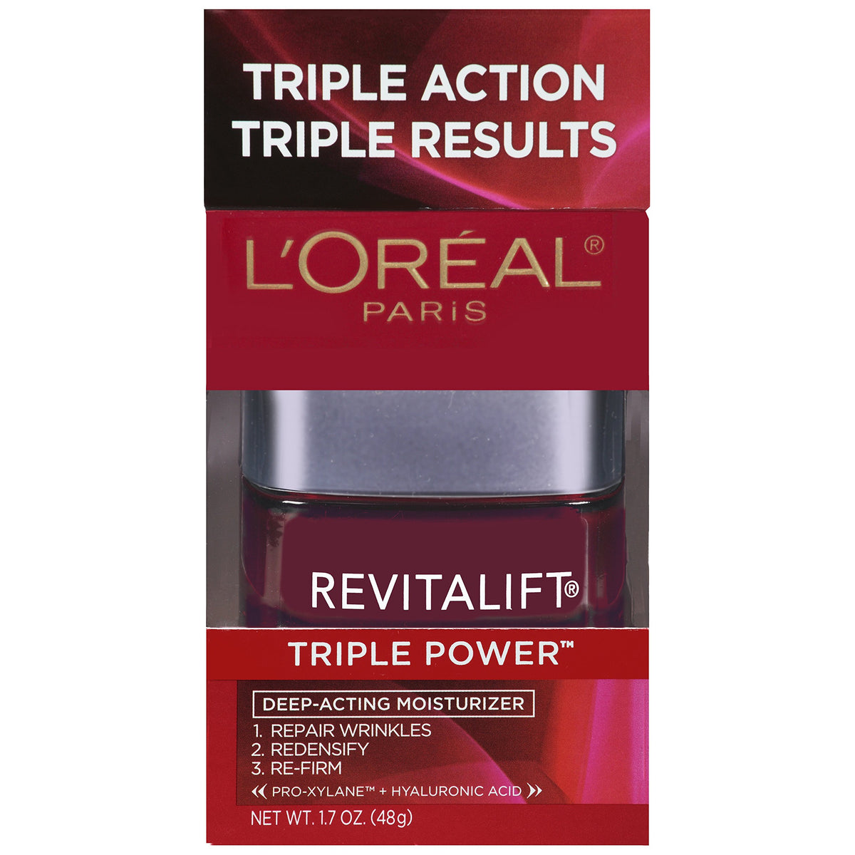 L'Oreal Paris jar front view showing label and compact packaging benefit: clear identification