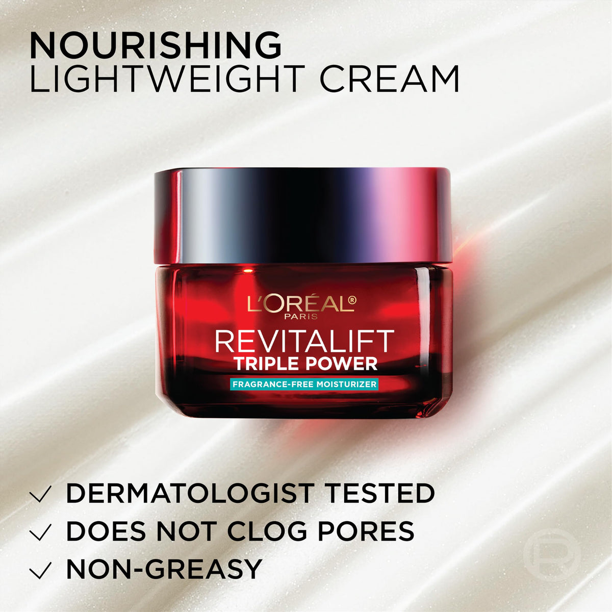 L'Oreal Paris product label close-up showing ingredients and fragrance-free badge benefit