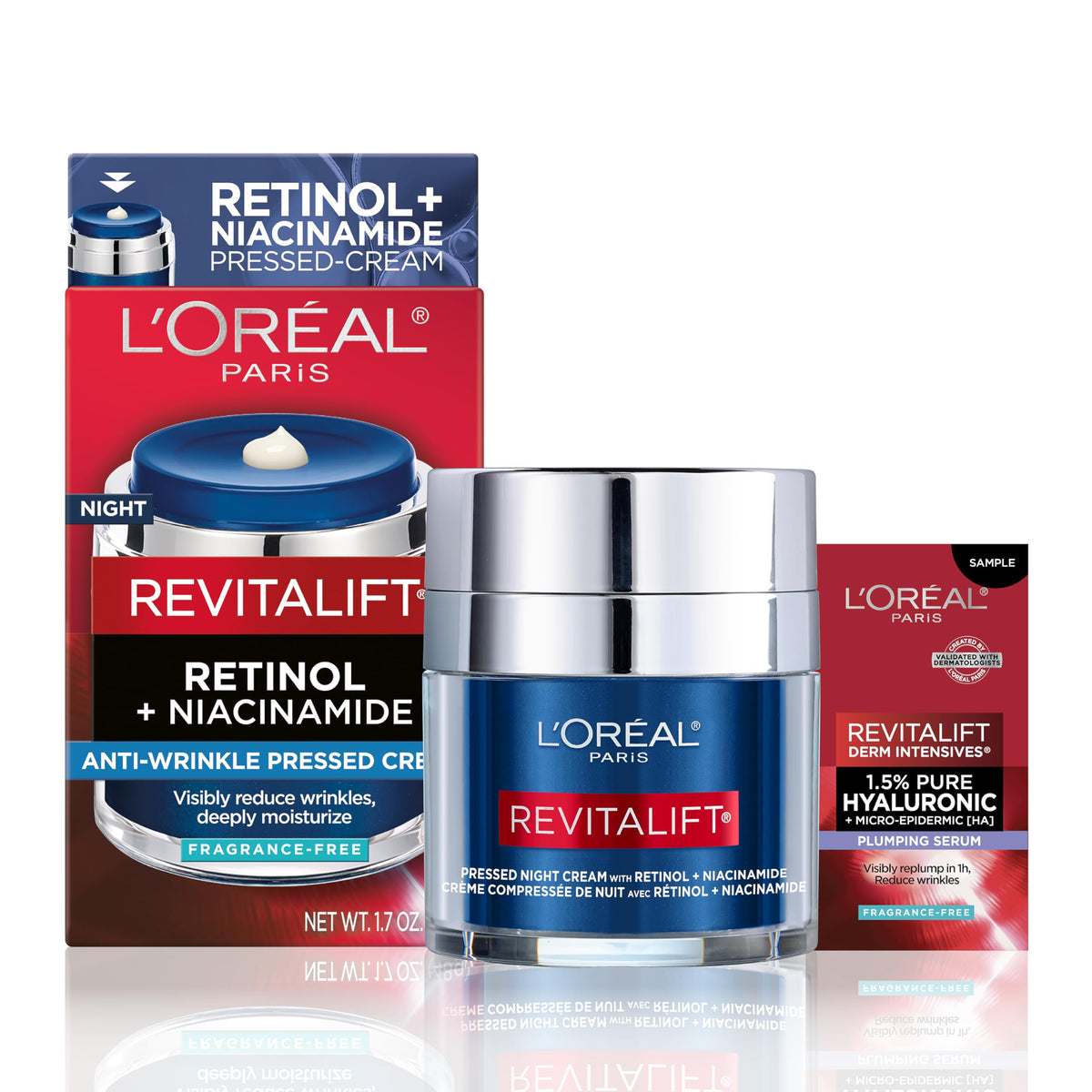 L'Oreal Paris jar front view showing pressed night cream packaging and anti-aging benefits