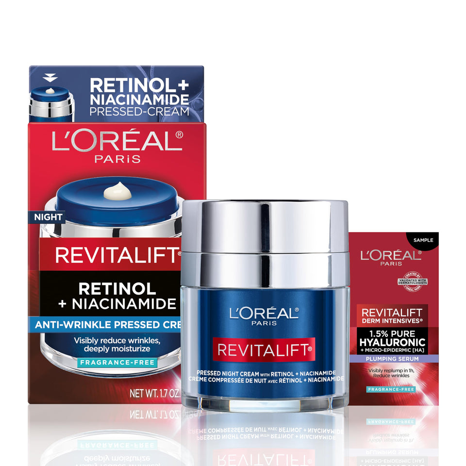 L'Oreal Paris jar front view showing pressed night cream packaging and anti-aging benefits