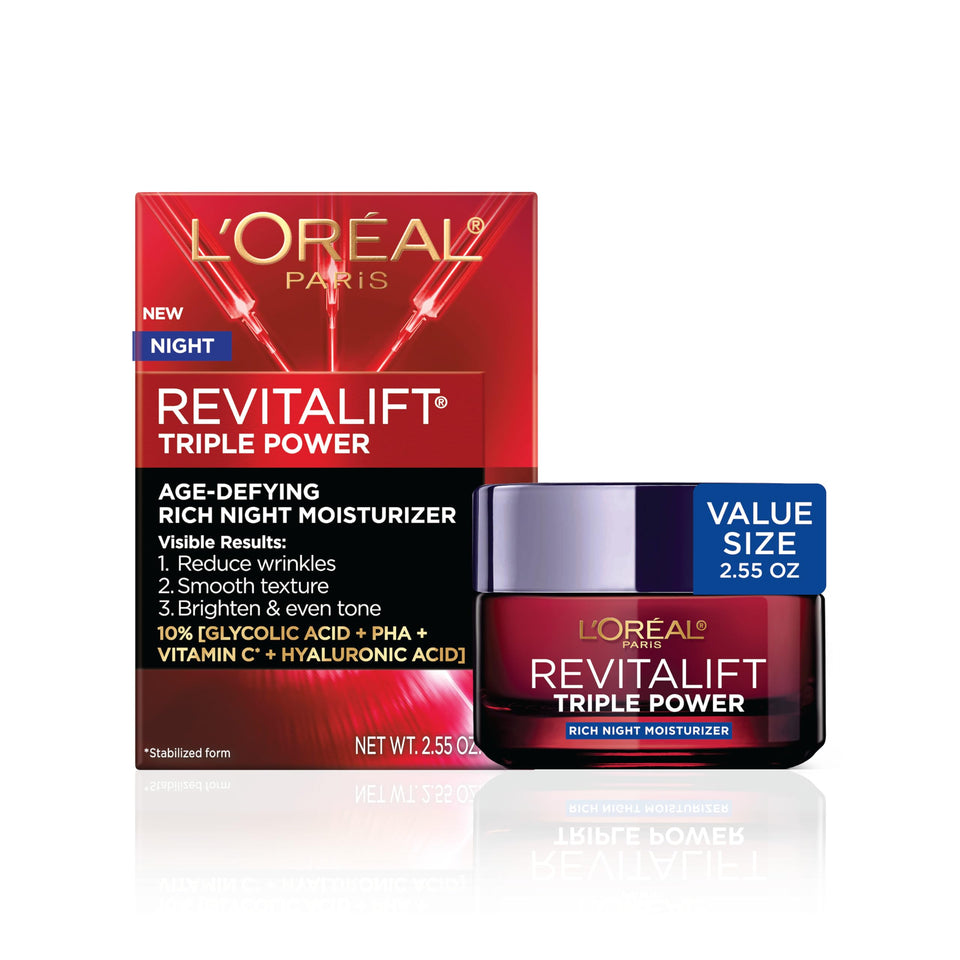 L'Oreal Paris jar front view showing rich night cream for anti-aging