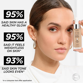 L'Oreal Paris bottle closeup label showing hyaluronic acid hydration benefit