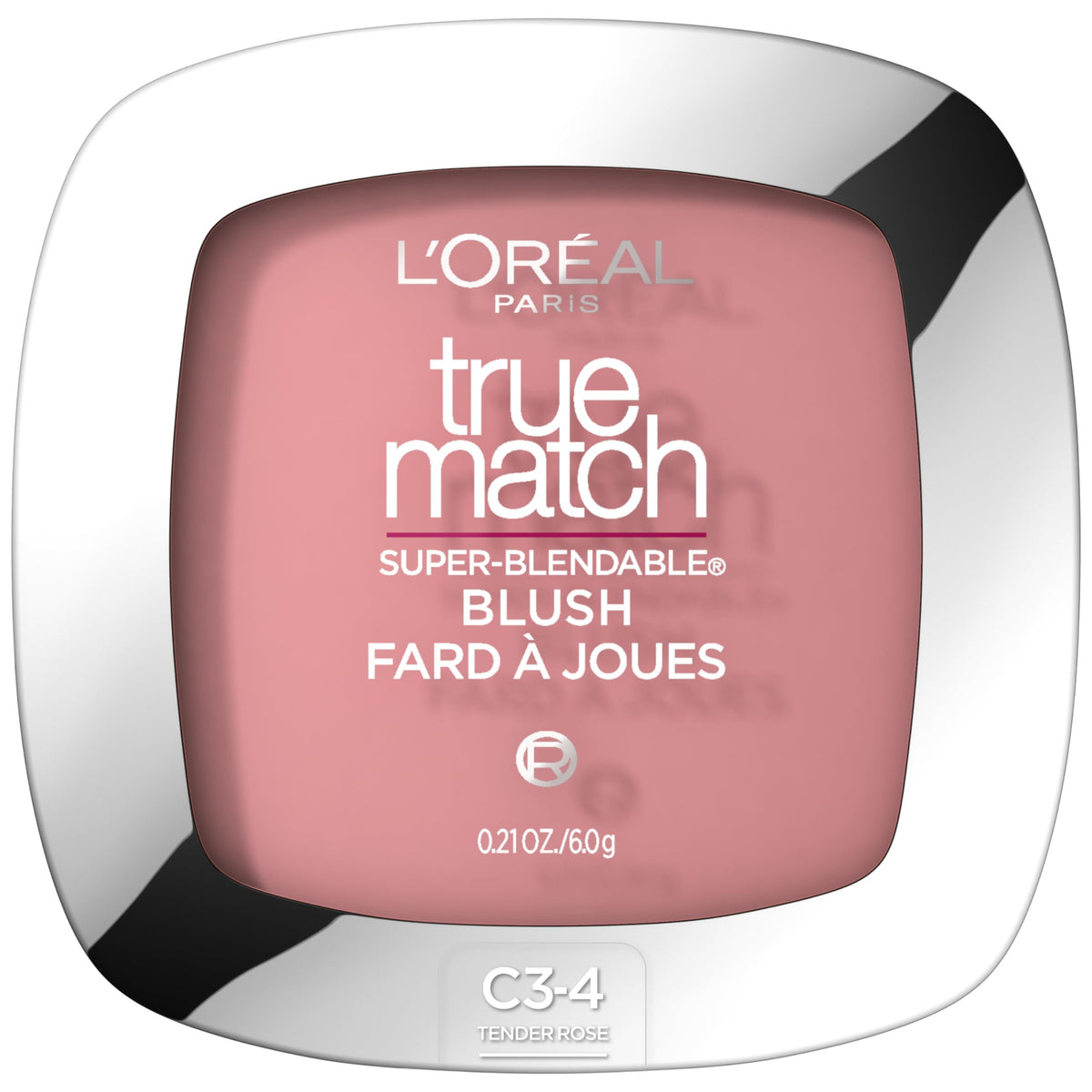 L'Oreal Paris compact front view showing tender rose color and packaging benefit
