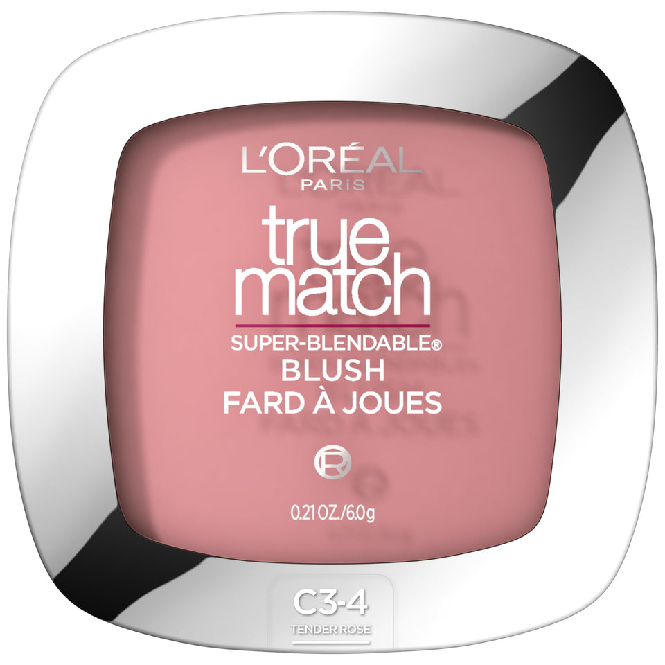 L'Oreal Paris compact front view showing tender rose color and packaging benefit