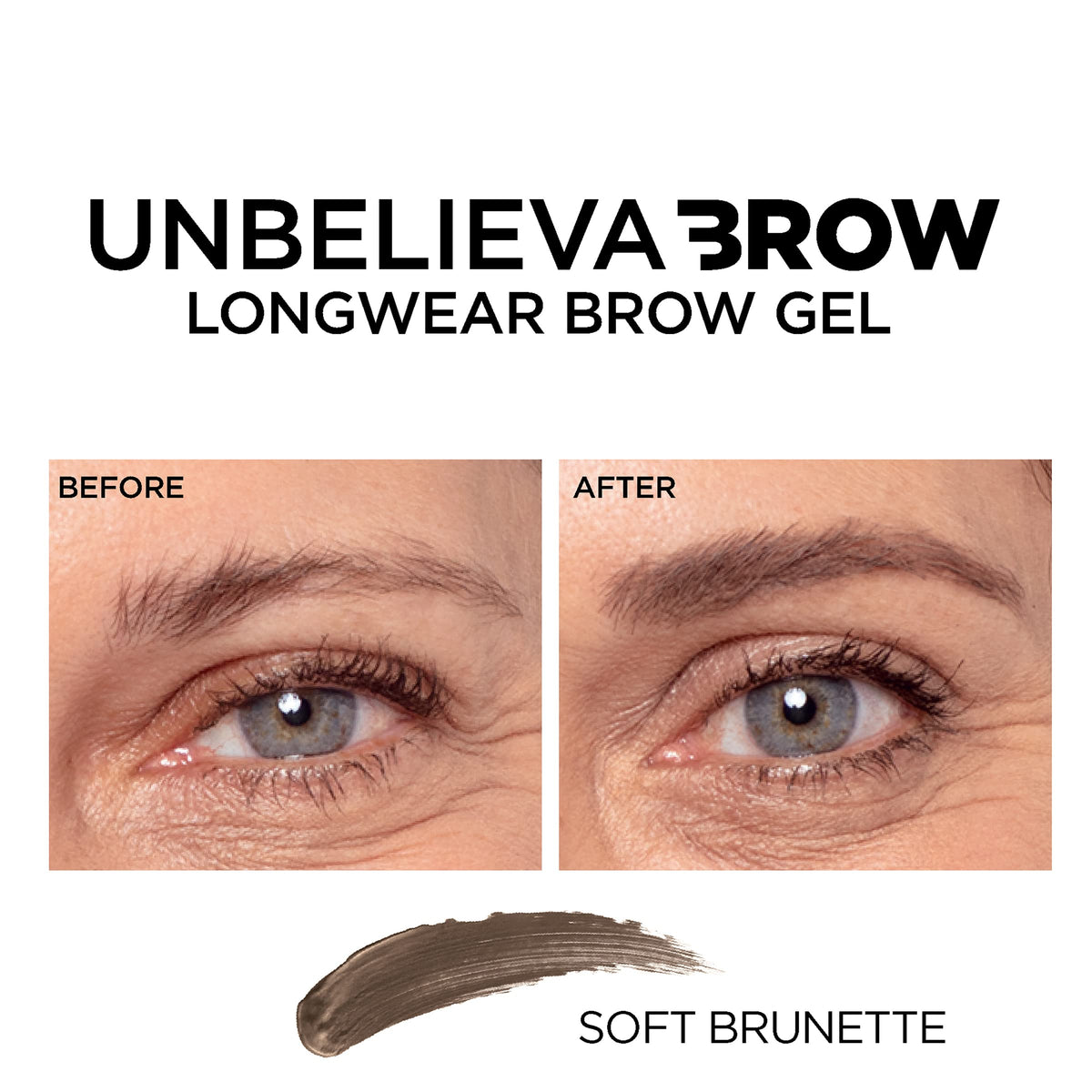 L'Oreal Paris before and after brows demonstrating fuller, smudge-resistant hold