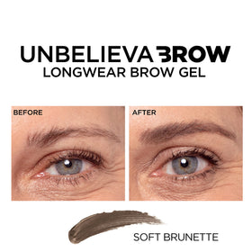 L'Oreal Paris before and after brows demonstrating fuller, smudge-resistant hold