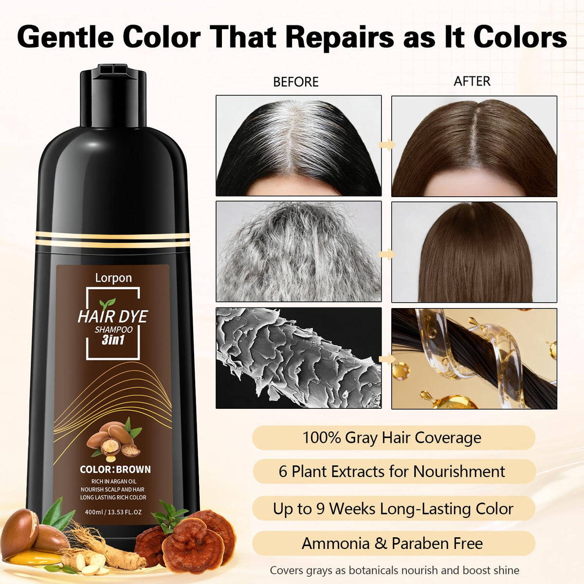 lorpon being applied to dry hair demonstrating 15-minute gray coverage benefit