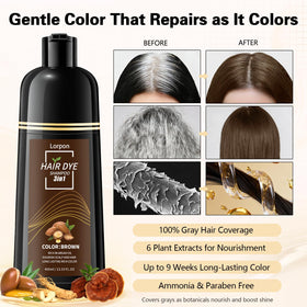 lorpon being applied to dry hair demonstrating 15-minute gray coverage benefit