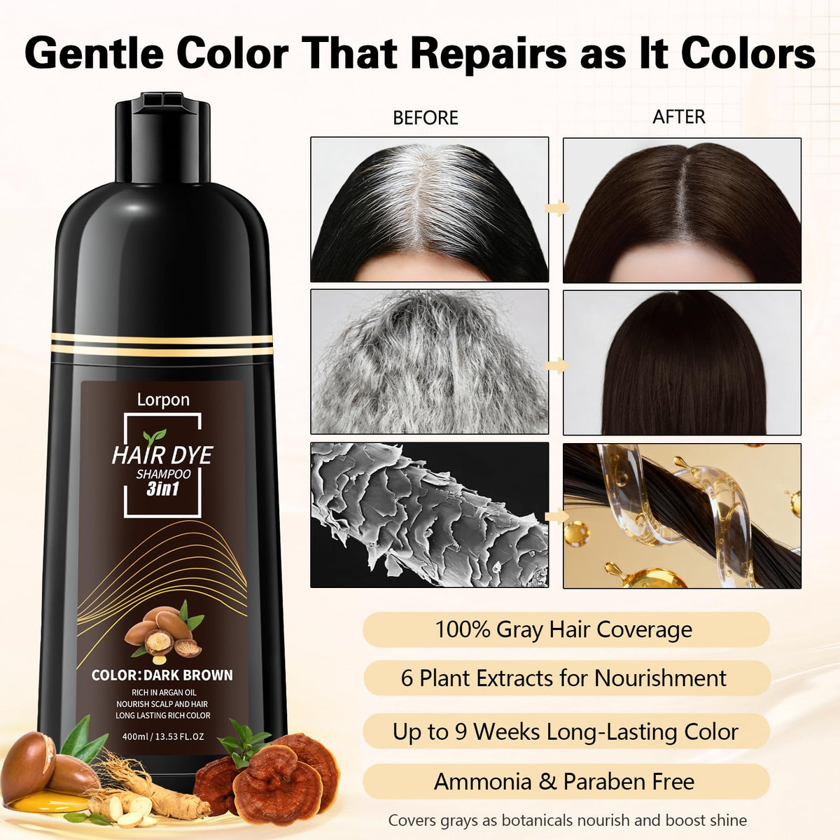lorpon foam applied to hair showing even coverage on roots