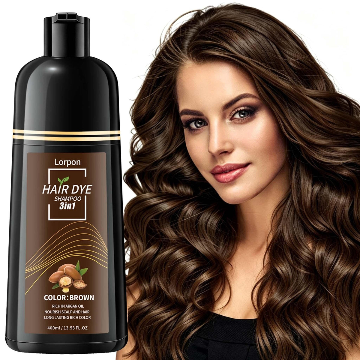 lorpon front bottle 400ml showing product and easy at-home brown dye benefit