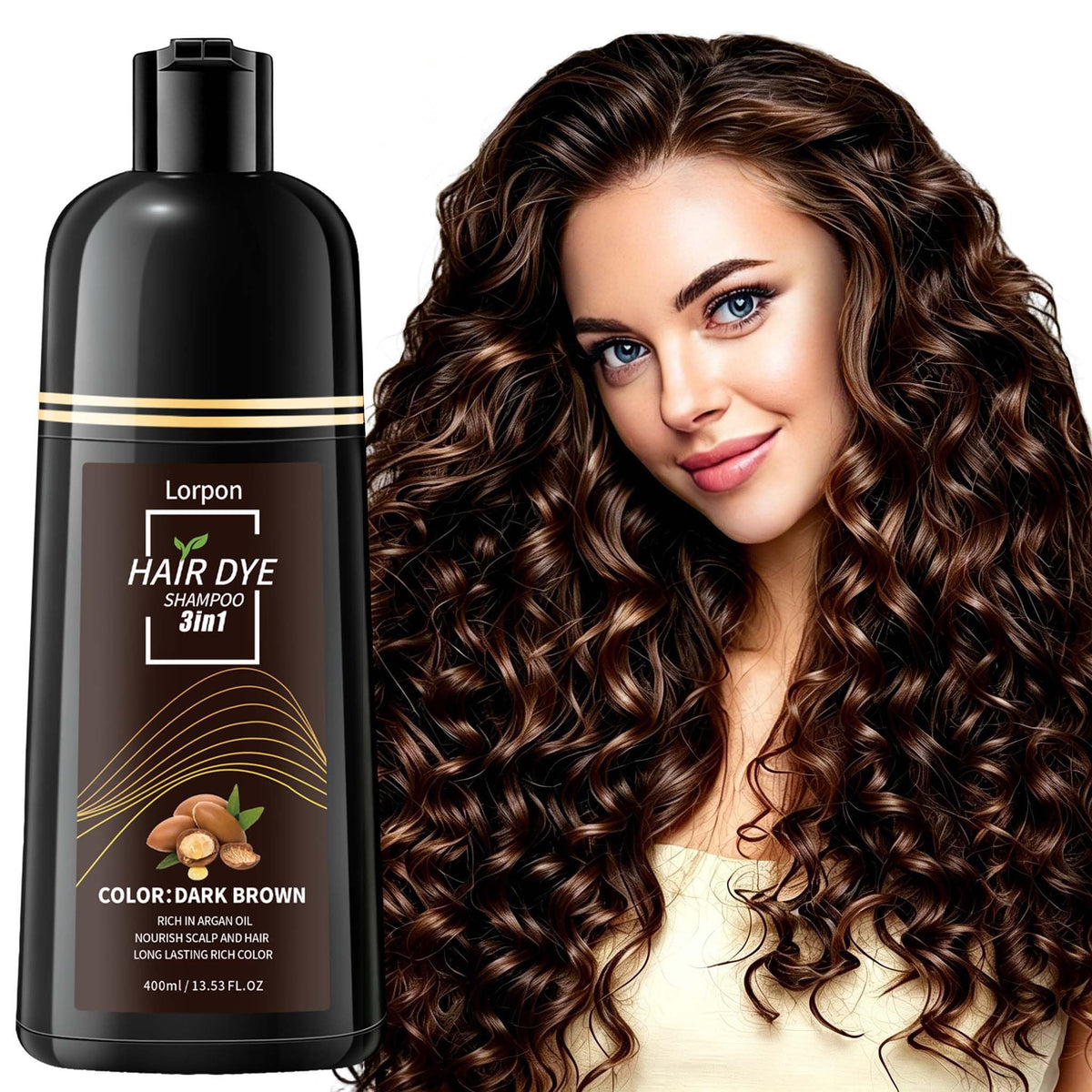 lorpon front packaging showing 400ml shampoo and natural dark brown result