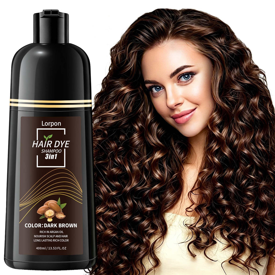 lorpon front packaging showing 400ml shampoo and natural dark brown result