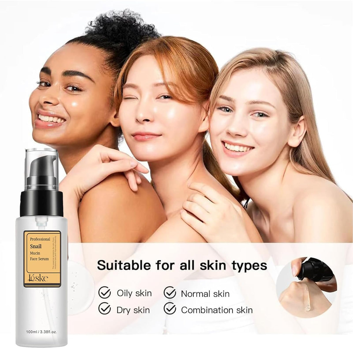 Loske serum beside measuring tape for size scale and travel-friendly benefit