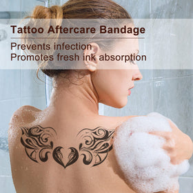 Transparent LotFancy dressing covering tattoo to shield from dirt while retaining visibility