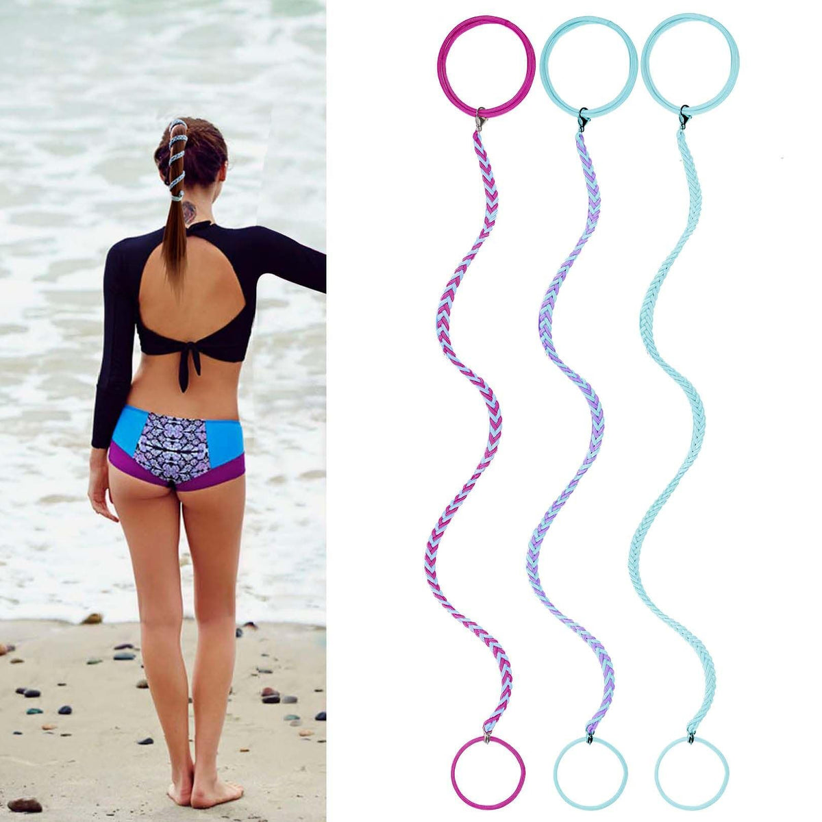 LOTMIAI front packaging showing three colorful 16-inch ponytail wraps, ready for sports