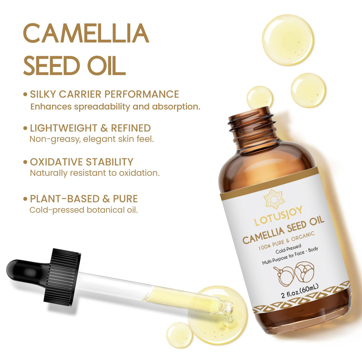 LOTUSJOY dropper dispensing camellia oil demonstrating controlled application