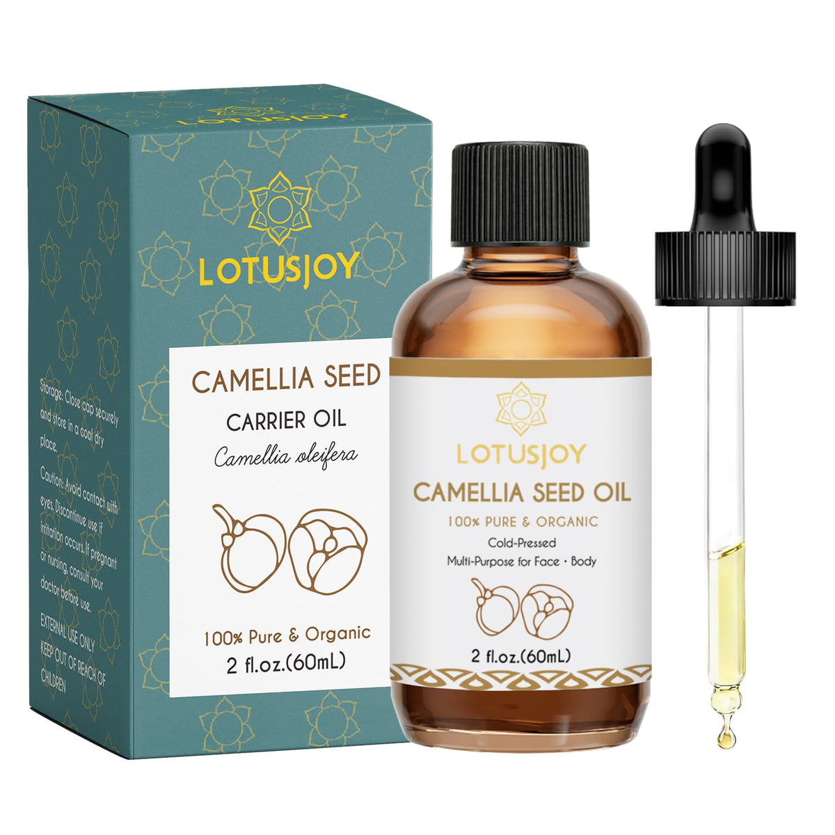 LOTUSJOY amber bottle front view showing label and dropper for clean storage