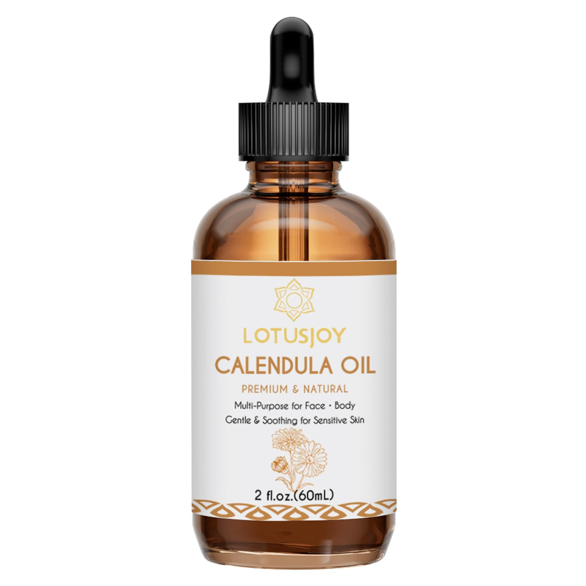 LOTUSJOY label detail on amber bottle confirming natural ingredient benefits