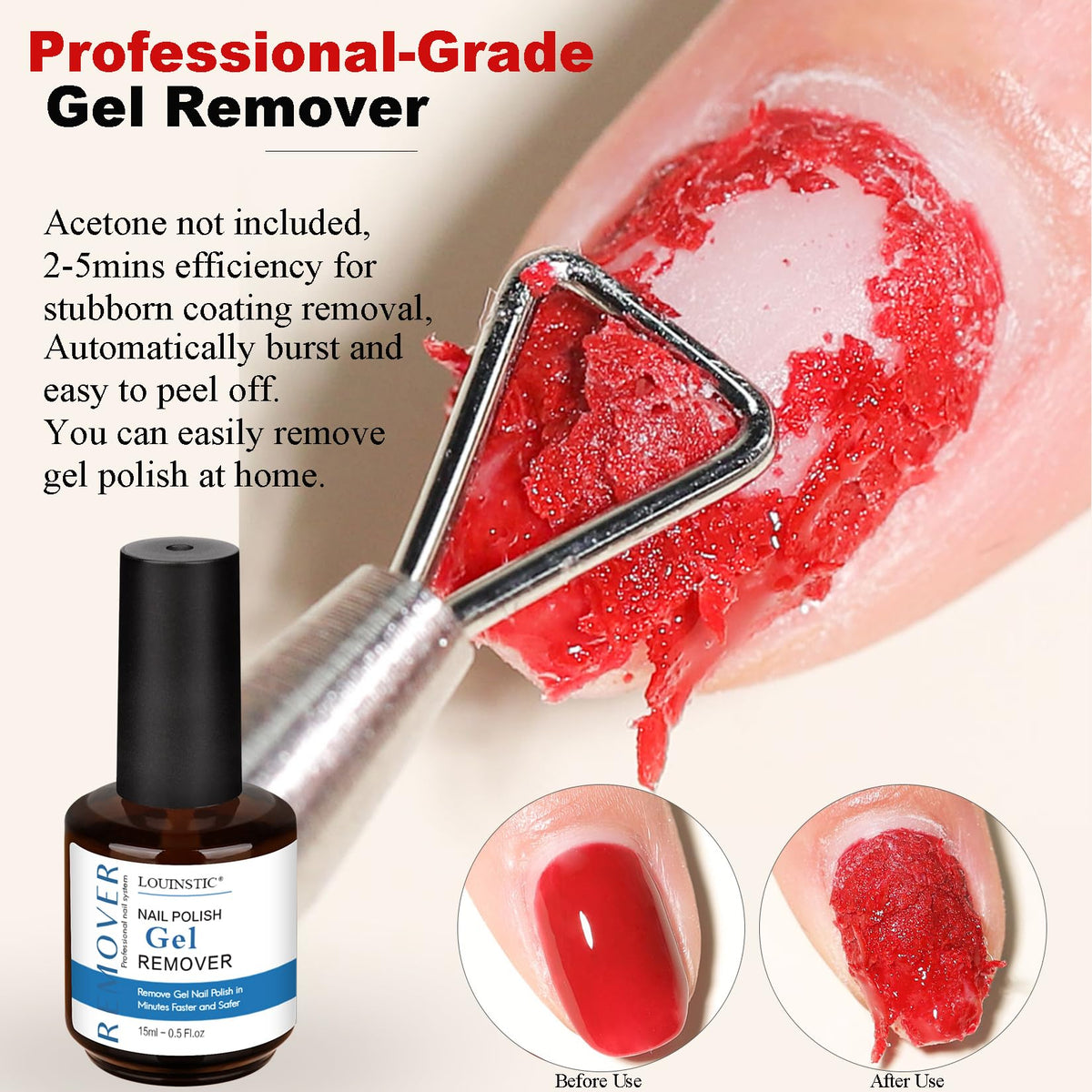 LOUINSTIC gel remover applied to a polish showing fast lifting benefit